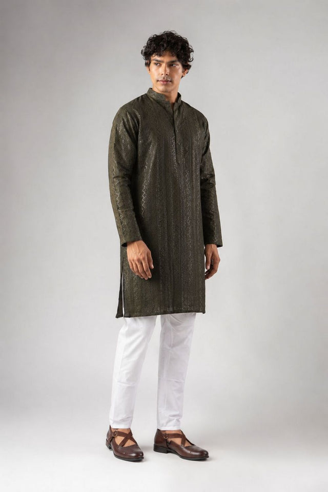 Mens Mehendi Sequin with Embroidered Rayon Kurta Set (ACB1119)