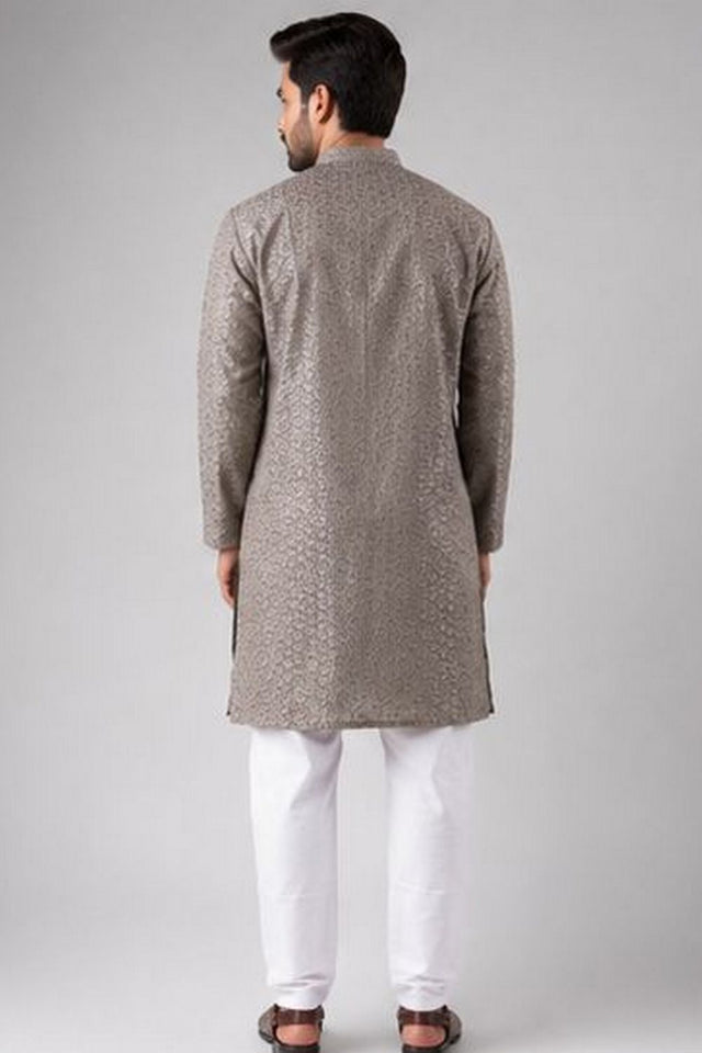 Mens Grey Sequin with Embroidered Rayon Kurta Set (ACB1120)