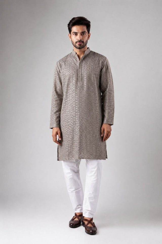 Mens Grey Sequin with Embroidered Rayon Kurta Set (ACB1120)