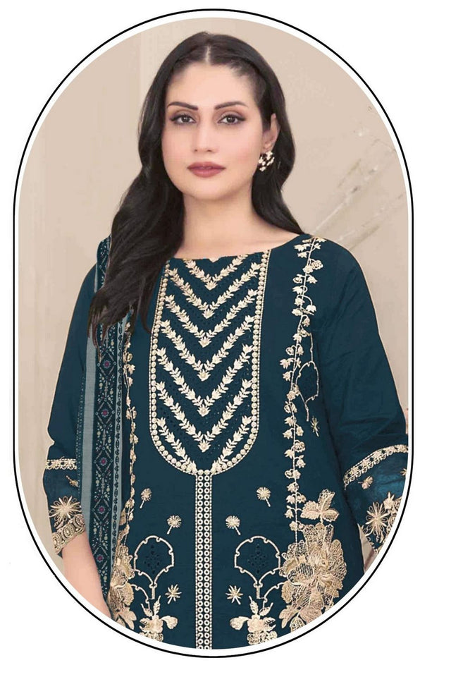 Turquoise Floral Embroidered Georgette Straight Cut Suit (ACB1141)