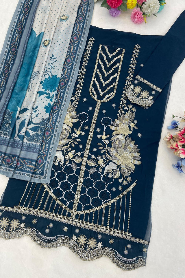 Turquoise Floral Embroidered Georgette Straight Cut Suit (ACB1141)