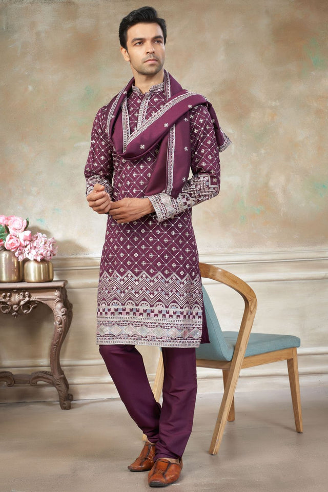 Mens Purple Embroidered Silk Kurta Set with Dupatta (ACB1145)