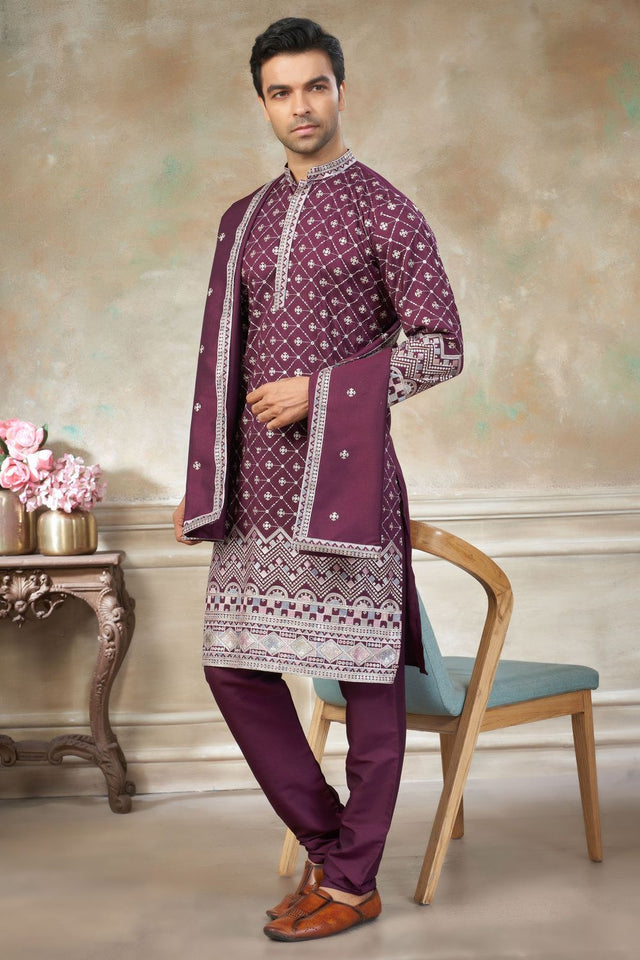 Mens Purple Embroidered Silk Kurta Set with Dupatta (ACB1145)