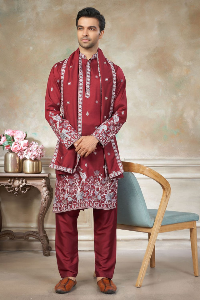 Mens Red Embroidered Silk Kurta Set with Dupatta (ACB1146)