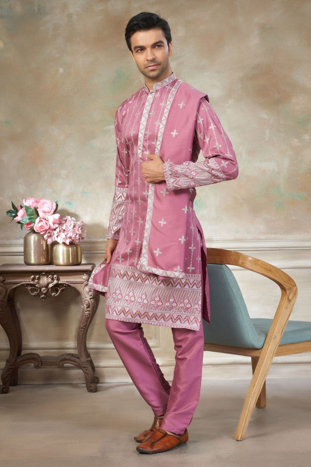 Mens Pink Embroidered Silk Kurta Set with Dupatta (ACB1147)