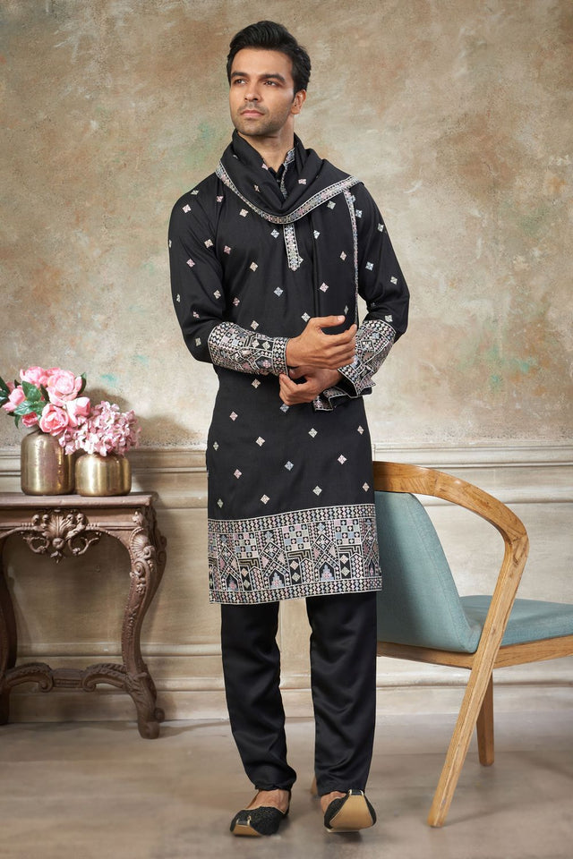 Mens Black Embroidered Silk Kurta Set with Dupatta (ACB1148)