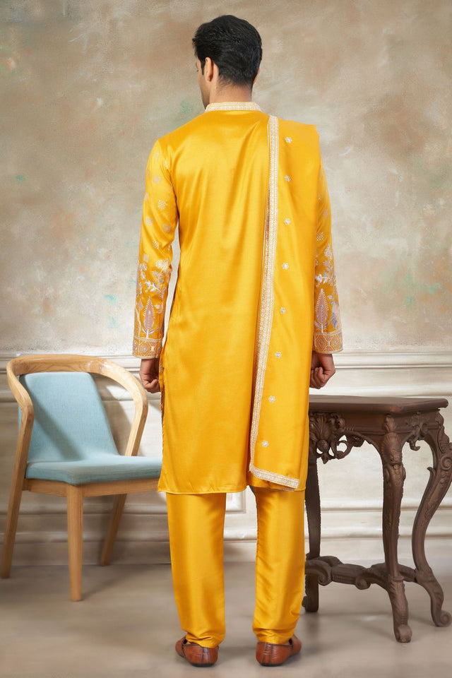 Mens Yellow Embroidered Silk Kurta Set with Dupatta (ACB1149)