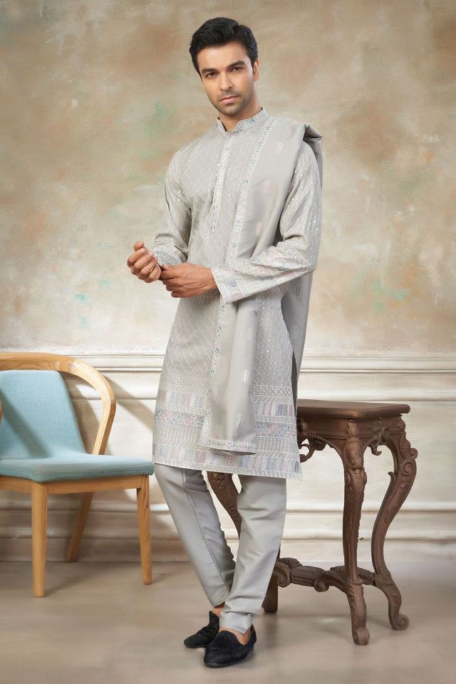 Mens Grey Embroidered Silk Kurta Set with Dupatta (ACB1150)
