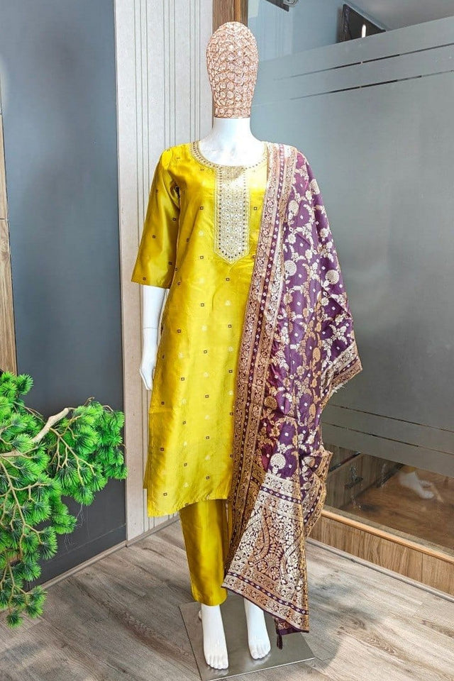 Mustard Embroidered Art Silk Kurti Pant Set (ACB1154)