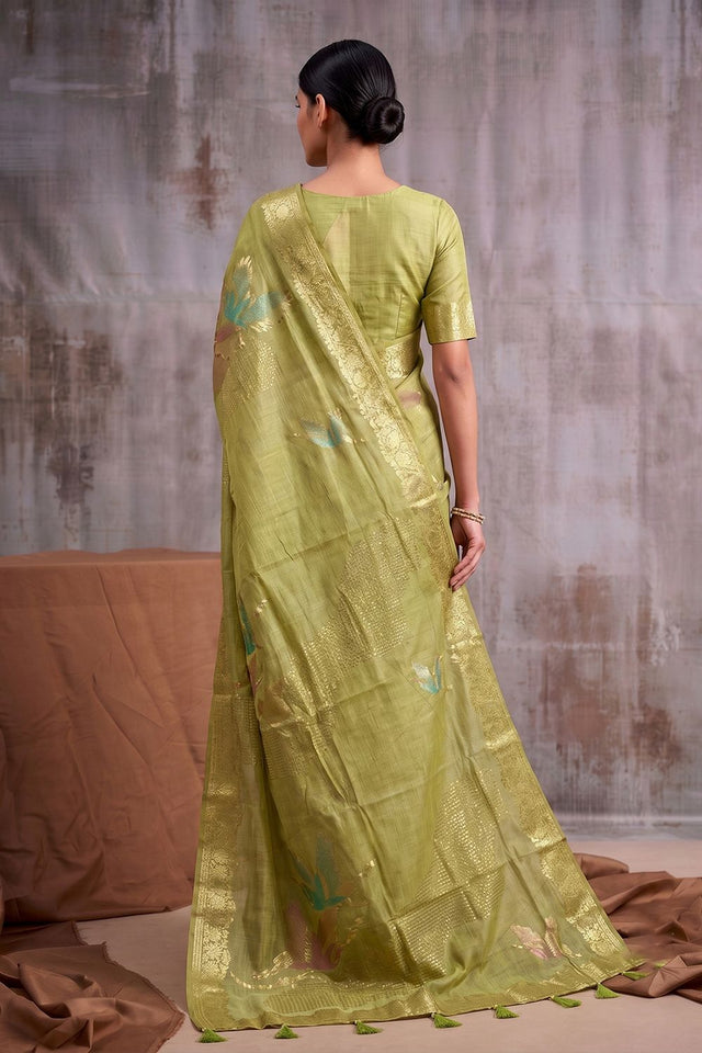 Green Woven Linen Saree (ACB1162)
