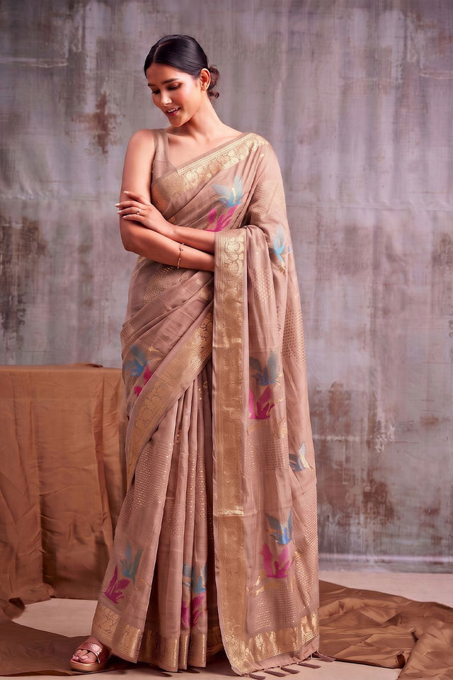 Beige Woven Linen Saree (ACB1166)