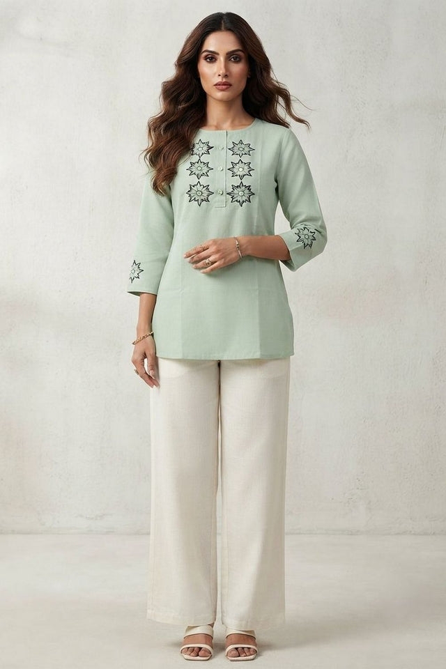 Sea Green Embroidered Linen Short Top (ACB1168)