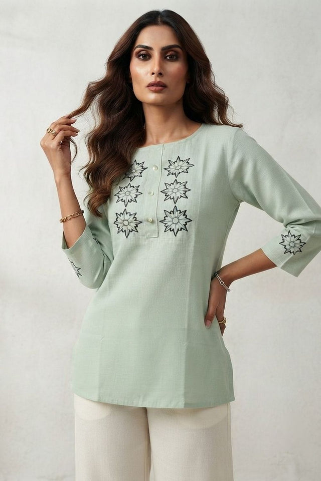 Sea Green Embroidered Linen Short Top (ACB1168)