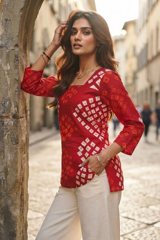 Red Bandhani Printed Cotton Short Top (ACB1170)