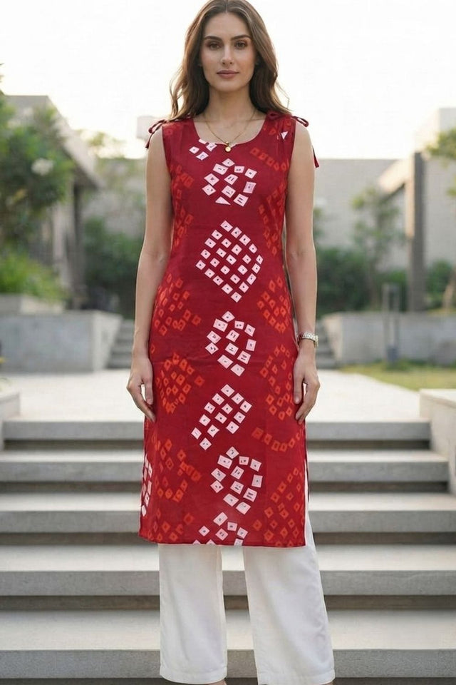 Red Bandhani Printed Cotton Short Top (ACB1171)