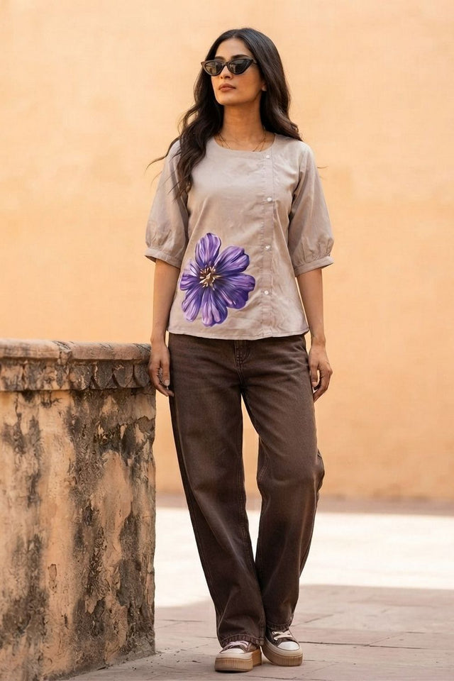 Grey Floral Printed Cotton Short Top (ACB1172)