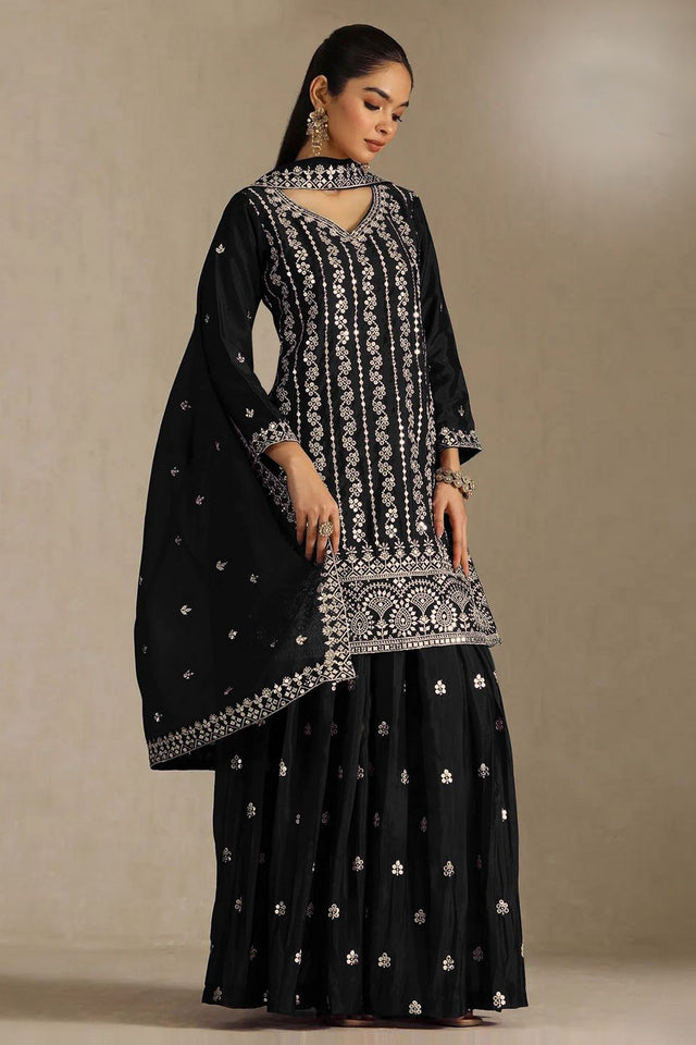 Black Sequin with Embroidered Chinon Sharara Suit (ACB1199)
