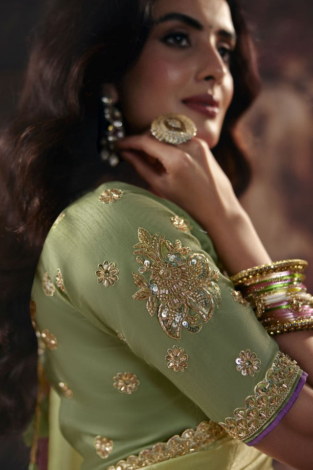Green Beads Embossed Satin Saree (ACB1216)