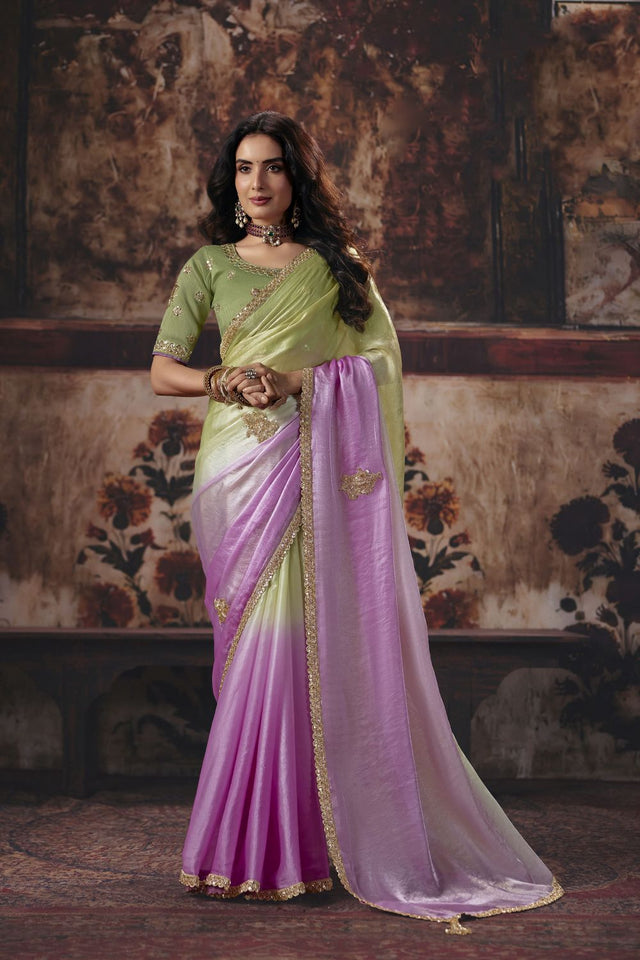 Green Beads Embossed Satin Saree (ACB1216)