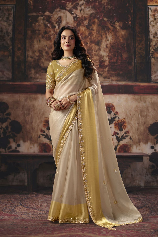 Beige Beads Embossed Satin Saree (ACB1223)