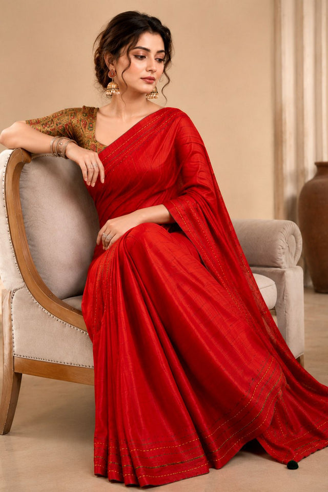 Red Solid Woven Tissue Saree (ACB1228)