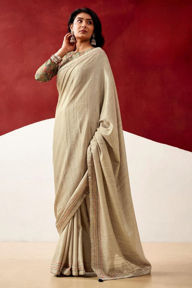 Beige Solid Woven Tissue Saree (ACB1231)