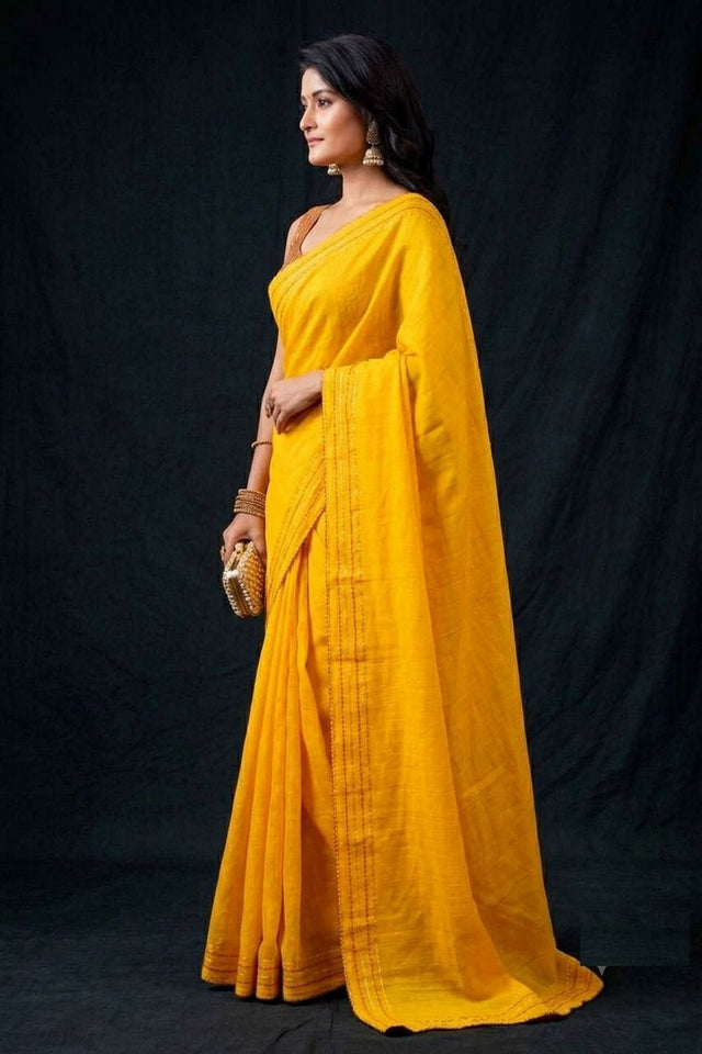 Yellow Solid Woven Tissue Saree (ACB1232)