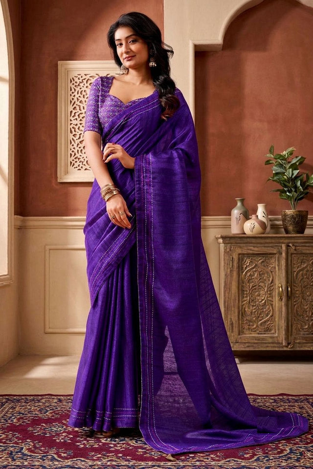 Violet Solid Woven Tissue Saree (ACB1233)