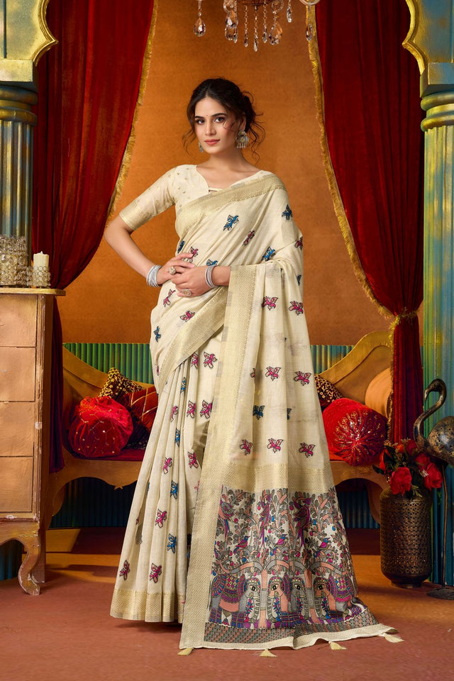 Cream Embroidered Silk Saree (ACB1236)