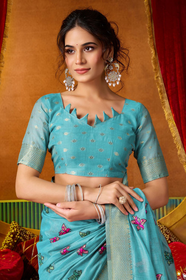 Blue Embroidered Silk Saree (ACB1240)