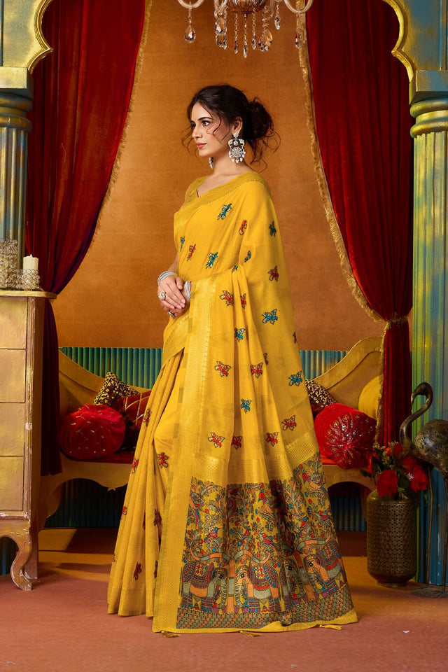 Yellow Embroidered Silk Saree (ACB1241)