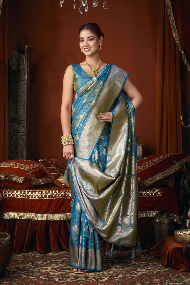 Turquoise Jacquard Woven Soft Silk Saree (ACB1243)