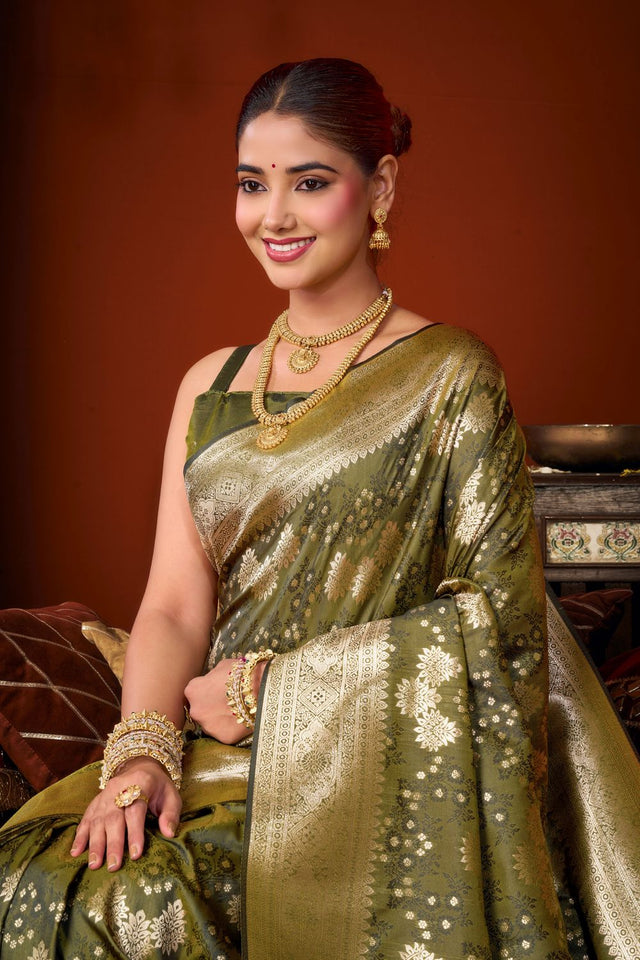 Mehendi Jacquard Woven Soft Silk Saree (ACB1245)