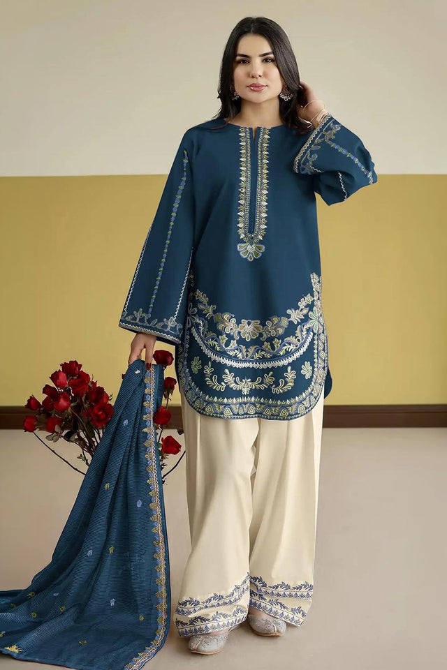 Turquoise Floral Embroidered Silk Kurti Pant Set (ACB1252)