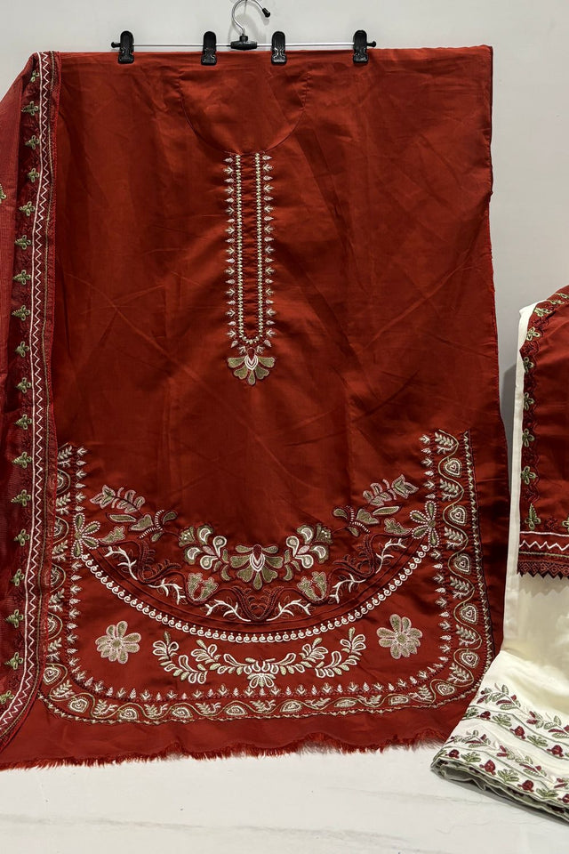 Rust Floral Embroidered Silk Kurti Pant Set (ACB1254)