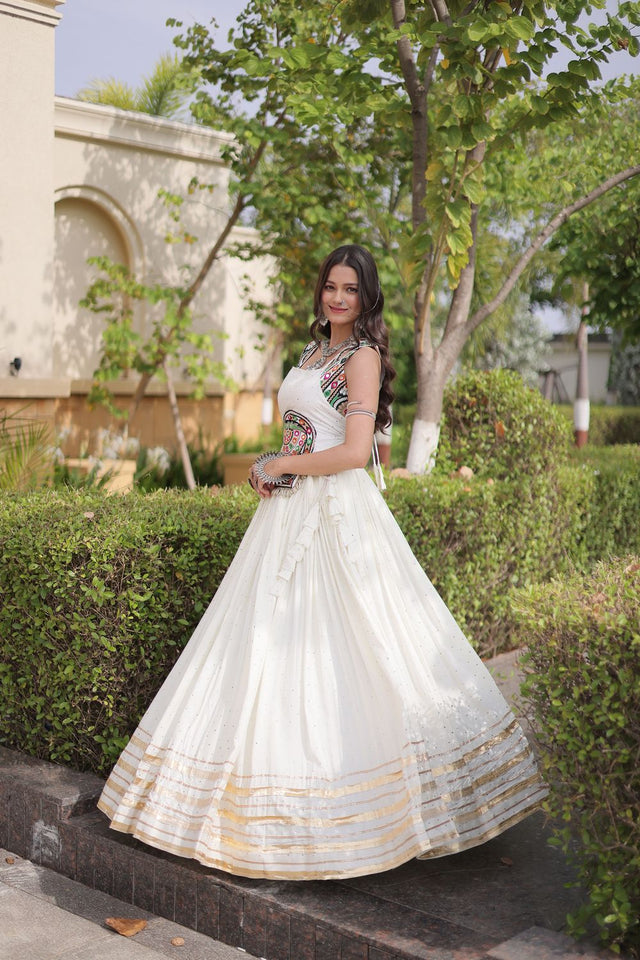 White Printed with Embroidered Rayon Lehenga (ACB1260)