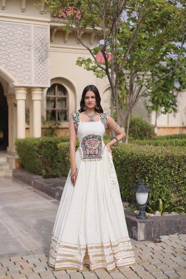 White Printed with Embroidered Rayon Lehenga (ACB1260)