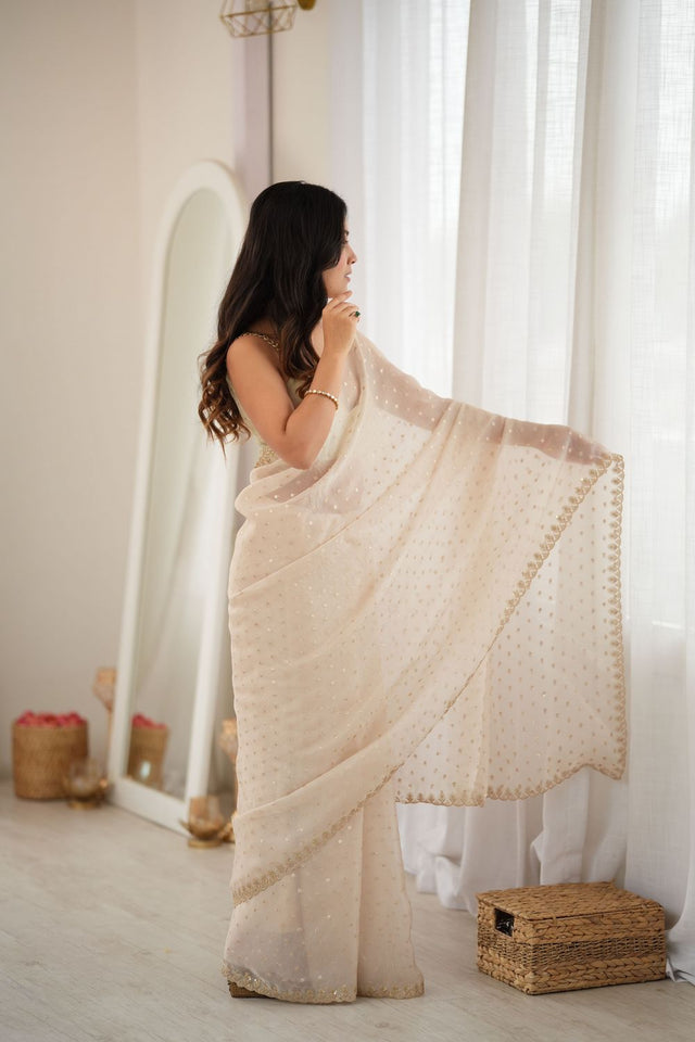 White Sequin with Embroidered Silk Saree (ACB1262)