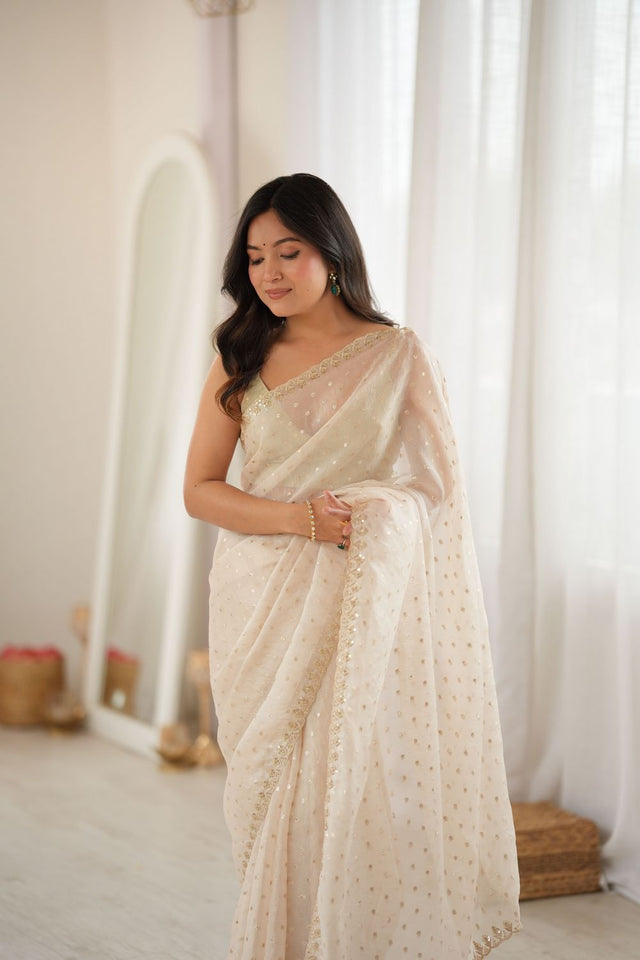White Sequin with Embroidered Silk Saree (ACB1262)