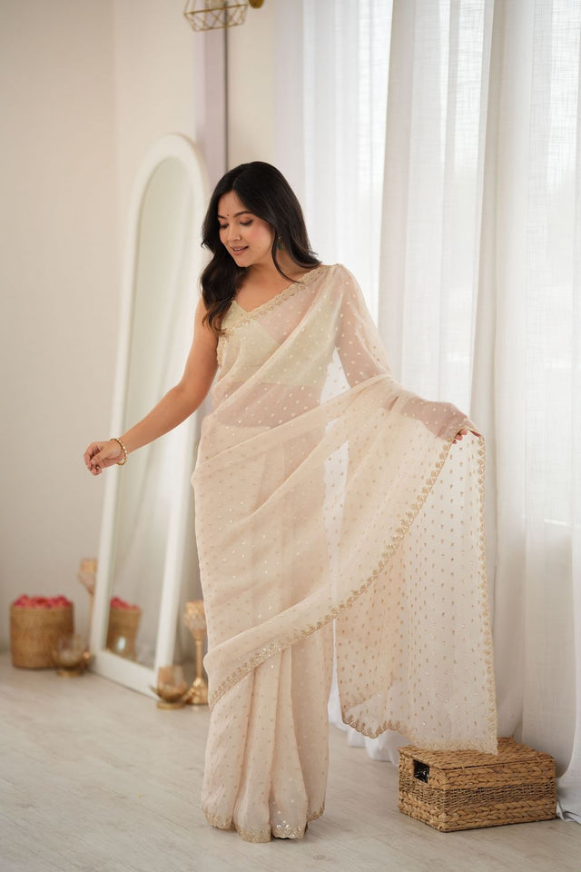 White Sequin with Embroidered Silk Saree (ACB1262)