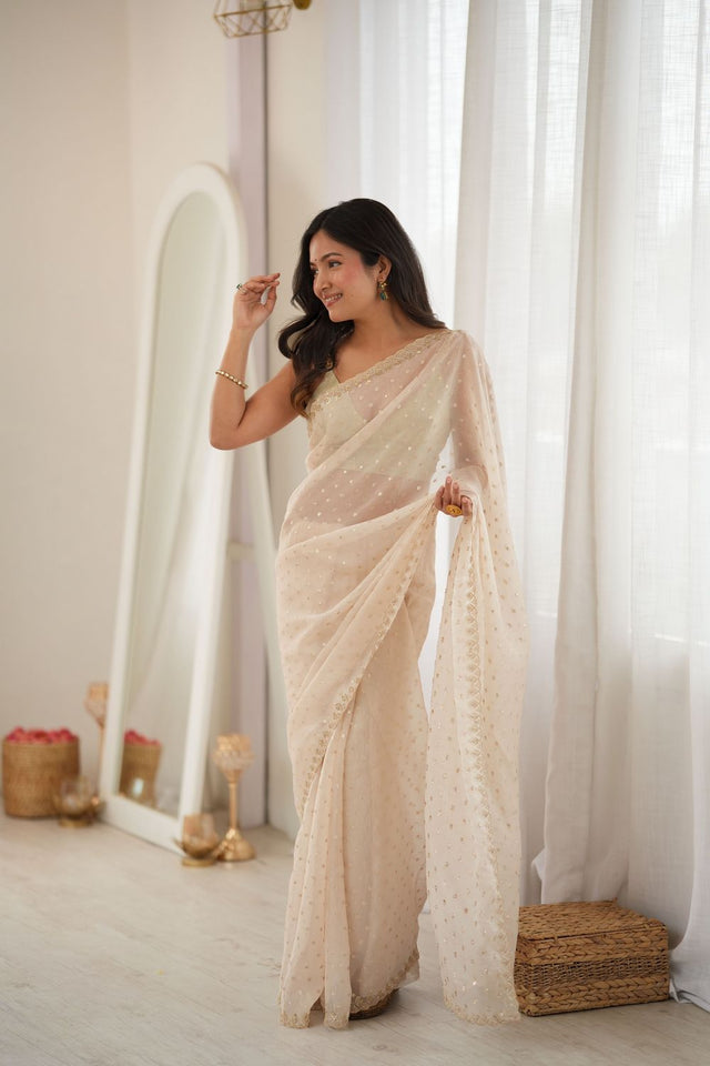 White Sequin with Embroidered Silk Saree (ACB1262)