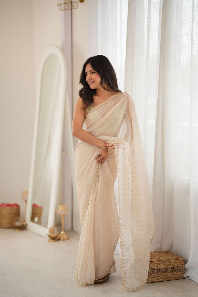 White Sequin with Embroidered Silk Saree (ACB1262)