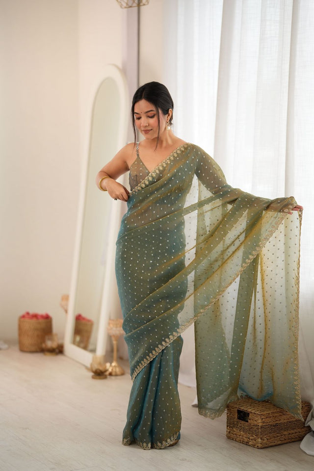 Green Sequin with Embroidered Silk Saree (ACB1264)