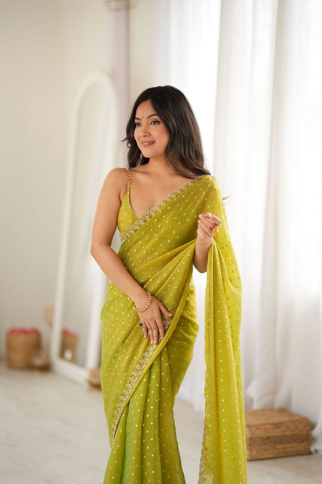 Olive Green Sequin with Embroidered Silk Saree (ACB1266)