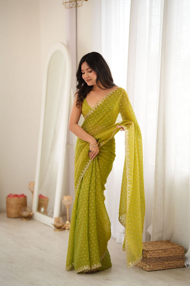 Olive Green Sequin with Embroidered Silk Saree (ACB1266)
