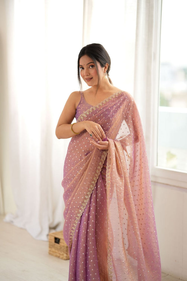 Peach Sequin with Embroidered Silk Saree (ACB1267)