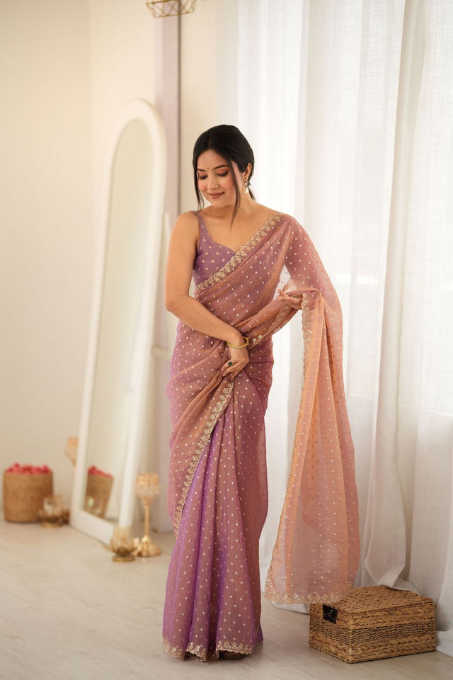 Peach Sequin with Embroidered Silk Saree (ACB1267)