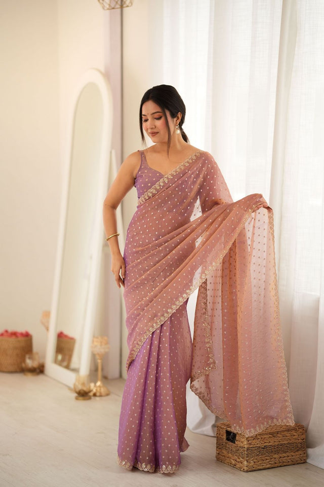 Peach Sequin with Embroidered Silk Saree (ACB1267)