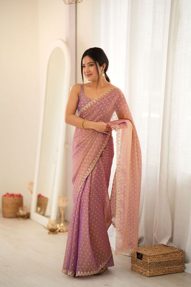 Peach Sequin with Embroidered Silk Saree (ACB1267)
