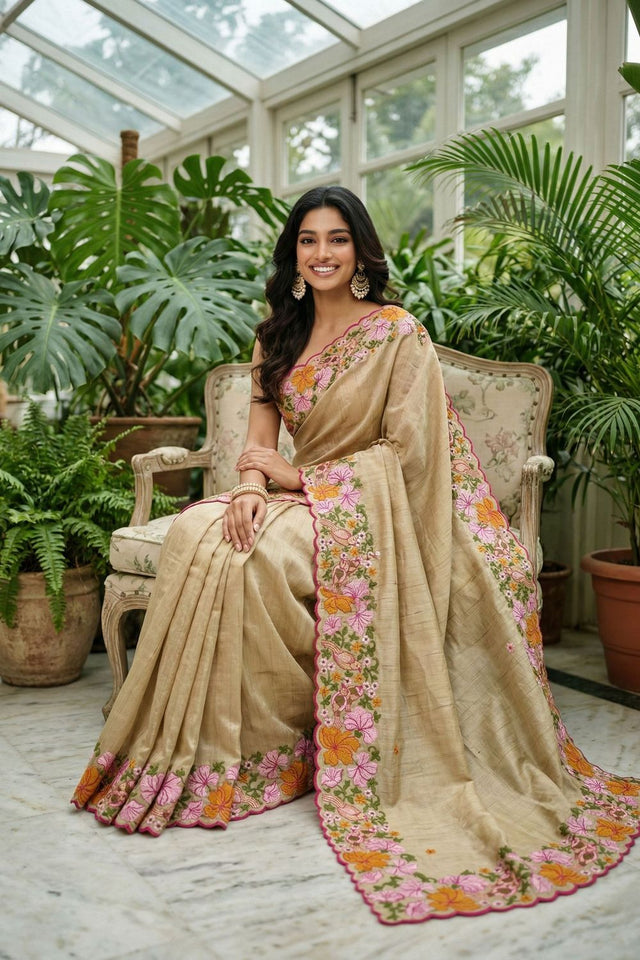 Beige Floral Embroidered Silk Saree (ACB1270)